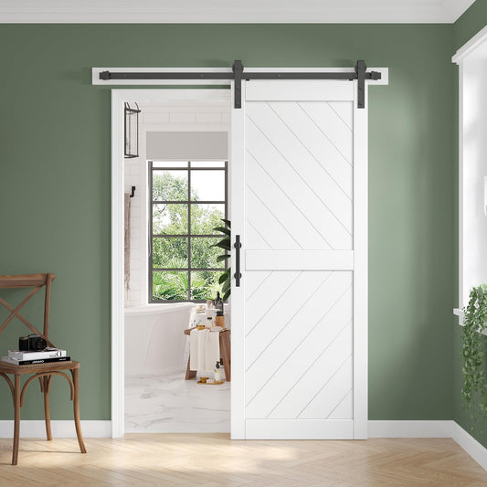 32in x 84in Sliding Barn Door with 5.5FT Barn Door Hardware kit & Handle Included, Solid MDF Wood Slab Covered with Water-Proof & Scratch-Resistant PVC Surface,Simple DIY Assembly,Chevron Pattern