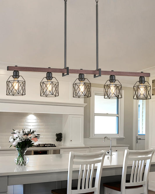 5-Light Industrial Kitchen Island Lighting with Wood Grain Bar and Black Metal Cage, Farmhouse Rustic Hanging Ceiling Lamp for Dining Room, Living Room