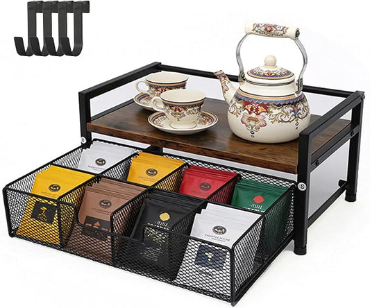 Tea Bag Organizer, Tea Bag Organizers and Storage with Drawer, Tea Bag Holder Natural Wood & Metal with 8 Compartments, Tea Storage Chest Container Box for Countertop Kitchen with 4 Hooks