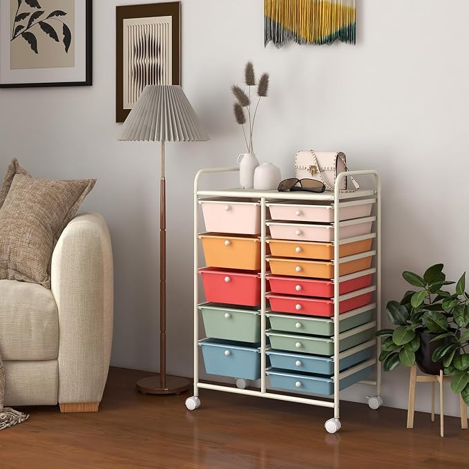 LDAILY 15 Drawer Rolling Storage Cart, Rolling Cart with Drawers for Classroom, Art Supply Craft Organizer on Wheel with Metal Frame & Handles for Home Office School