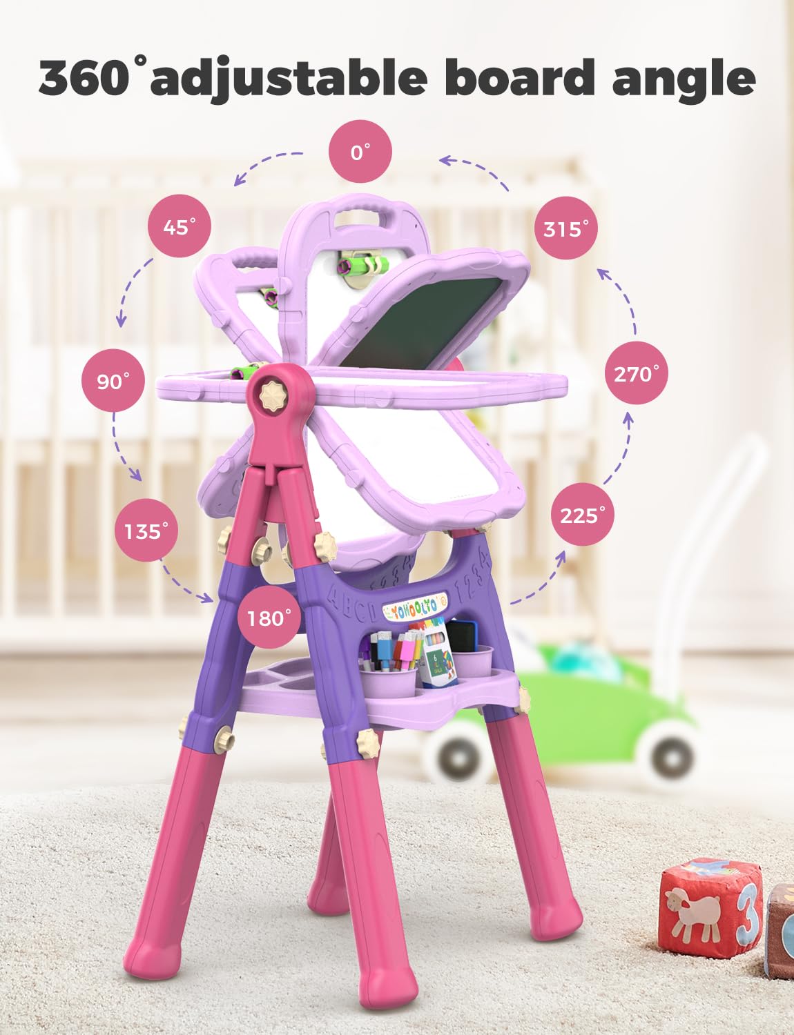 YOHOOLYO Kids Easel Standing Art Easel for Kids, Double Sided Children Pink Purple Easel Magnetic Chalkboard Whiteboard Dry Eraser Board Great Gift for Girls