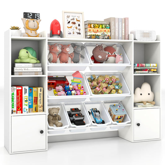 Costzon Kids Toy Storage Organizer w/ 8 Bins, Wooden Toddler Bookcase w/Open Shelves & Cabinet, Multifunctional Toy Storage Cabinet for Kids Room, Nursery & Playroom