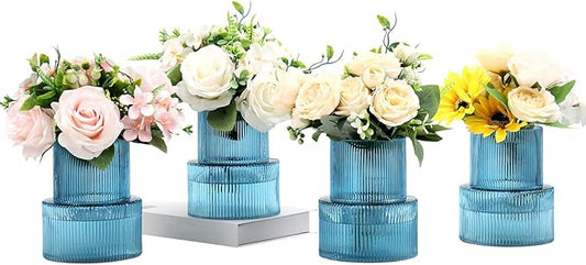 Ribbed Glass Vases, Set of 4 Small Vases for Flowers, Blue Glass Vase for Tulips, Modern Vase for Living Room, Kitchen, Office, Entryway, Bookshelf, Wedding Gifts, Birthday, 6 Inches