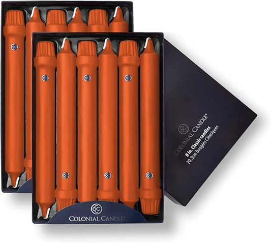 Colonial Candle Unscented Taper Candle, Classic Collection, Pumpkin, 8 In, Pack of 12 - Up to 6 Hours Burn