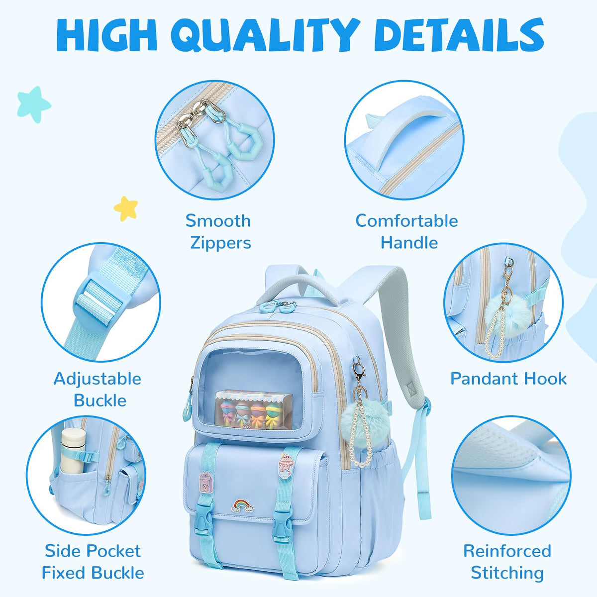 QIXIHU Girls Backpack, Kawaii Kids Backpacks for Girls Multiple Pockets School Bookbag for Girl for Primary Elementary School, Age 6-12 Years Old, Blue