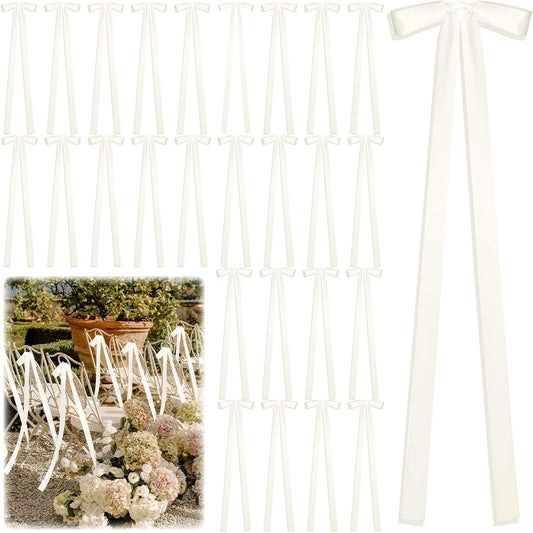 Skiennix 24 Pcs Ivory Ribbon Bows - Elegant Wedding Chair Decorations | Perfect for Bridal Showers & Ceremonies