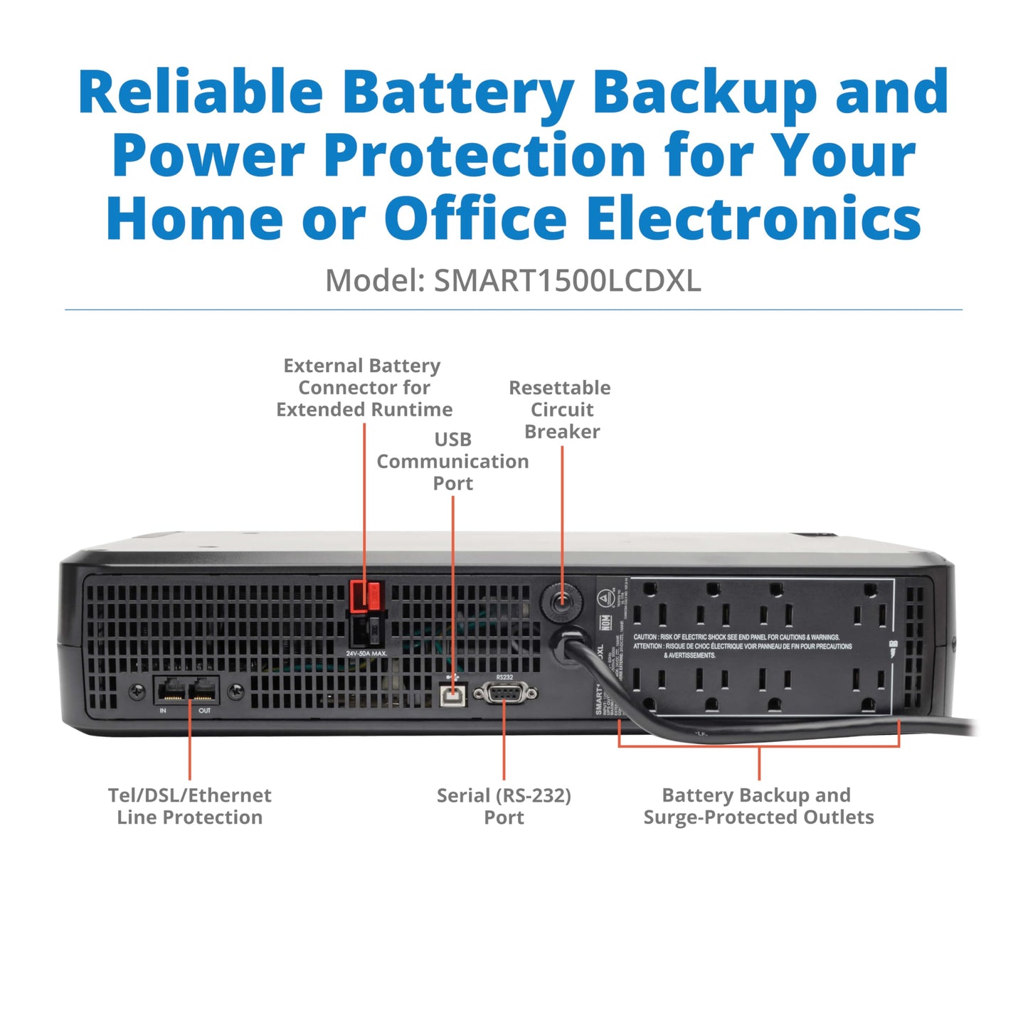 Tripp Lite SMART1500LCDXL 1500VA Rack Mount UPS Battery Backup with Expandable Run Time Option, 900W, 8 Outlets, Short Depth, 2U Rackmount UPS, AVR, LCD Screen