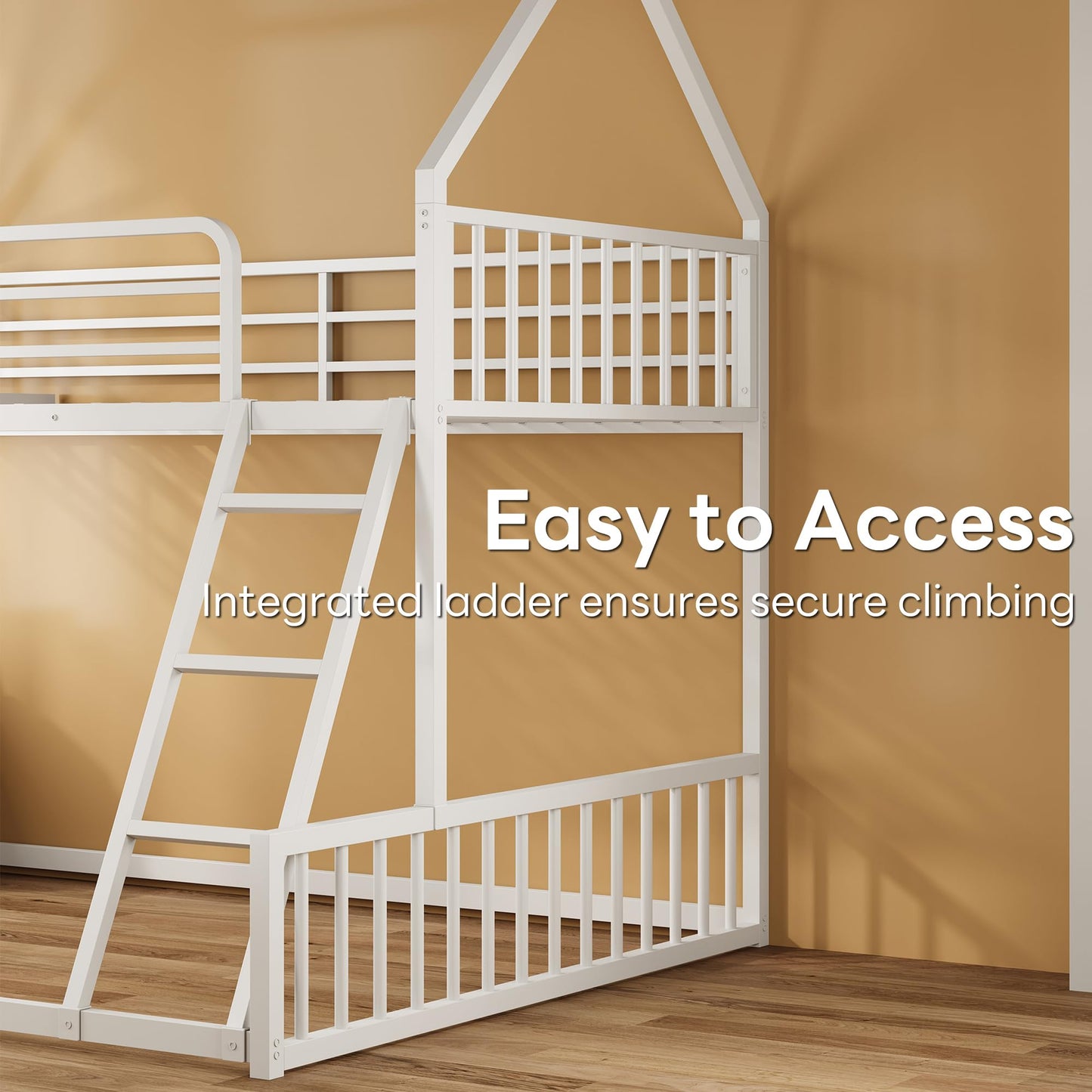 LIKIMIO Bunk Bed Twin Over Full Size, House Bunk Bed Frame with Ladder and Guardrail, House Shaped with Metal Slats Support No Box Spring Needed Space Saving for Bedroom and Dorm, White