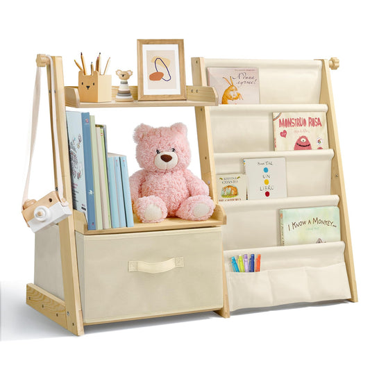 wooshwa Kids Bookshelf and Toy Organizer 2 in 1,Book Shelf for Kids Rooms with Movable Toy Bin,4 Tier Toddler Sling Book Rack for Nursery Bedroom Playroom (Beige)