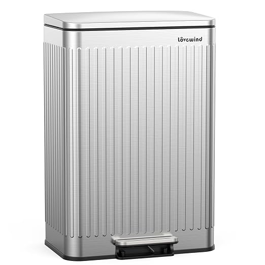 Lovewind 60 Liter/ 16 Gallon Stainless Steel Trash Can with Soft-Close Lid, Large Footstep Garbage Can with Roman Texture, Removable Inner Buckets, Recycling Bin for Kitchen Office, Silver