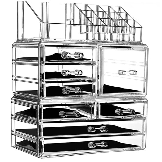 Cq acrylic 3 Pack Clear Makeup Organizer for Vanity,Countertop,Stackable 8 Drawers Cosmetic Storage for Hair Clip,Jewelry,Lipstick,Makeup Brush,Beauty Product Desk and Bathroom Skincare Organizers
