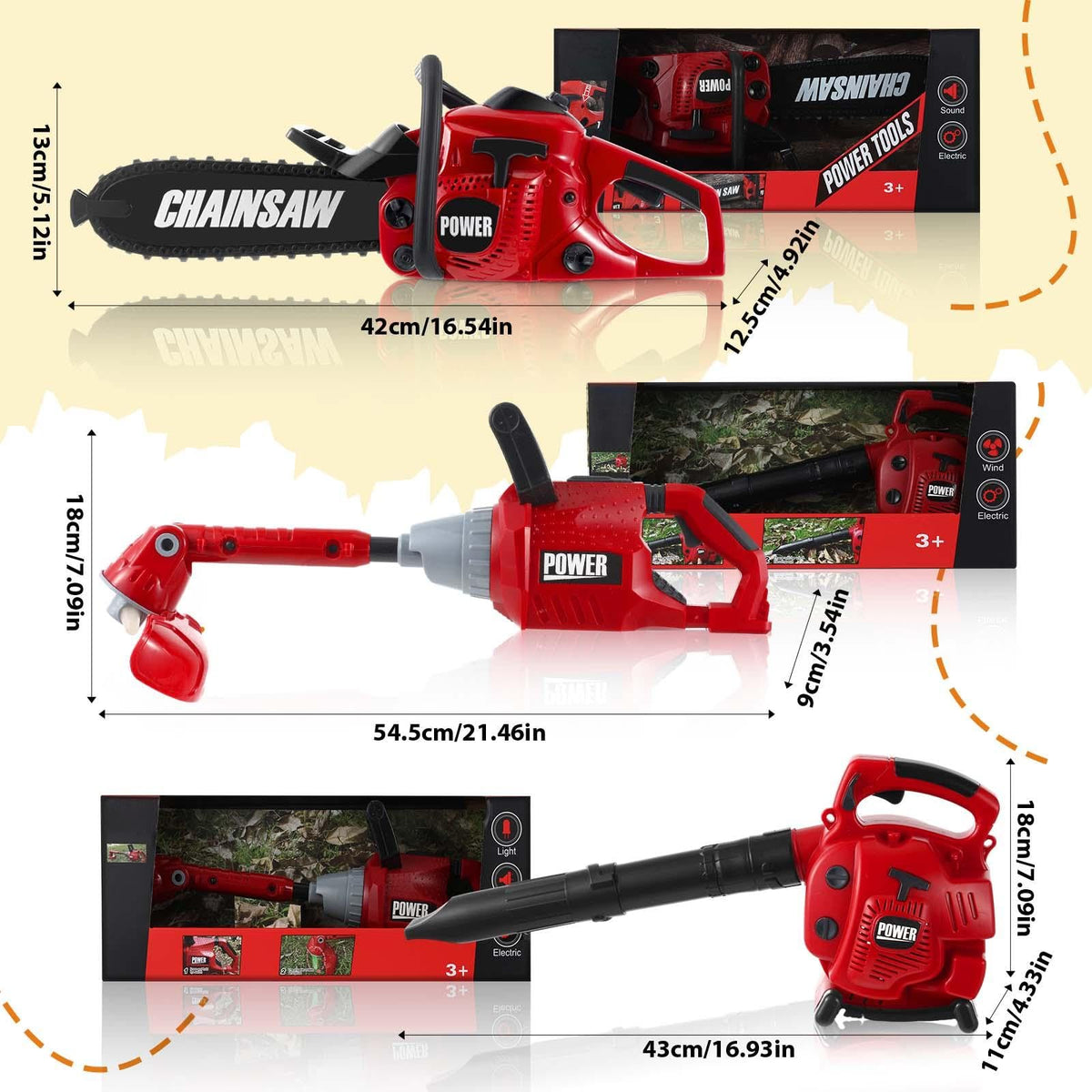 Arrowbash 3-in-1 Kids Gardening Toy Set, Toy Leaf Blower & Kids Chainsaw & Weed Trimmer with Realistic Sound, Outdoor Backyard Play Educational Learning Birthday Summer Gift for 3-8 Boys Girls