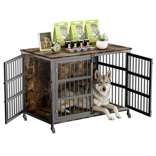 46" Dog Crate Furniture with Wheels, XXL Heavy Duty Dog Kennel Indoor for XL Dogs, Metal Chew-Proof Dog Cage, 45.9" L x 27.6" W x 32.4" H, Decorate House as TV Stand, End Table — Rustic Brown