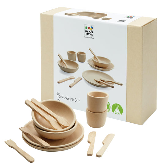 PlanToys® Pretend Play Wooden Tableware Set for Kids | 16-Piece Montessori Kitchen Toy Set with Plates, Cups, Bowls & Utensils | Eco-Friendly, Non-Toxic Toy for Toddlers & Preschoolers