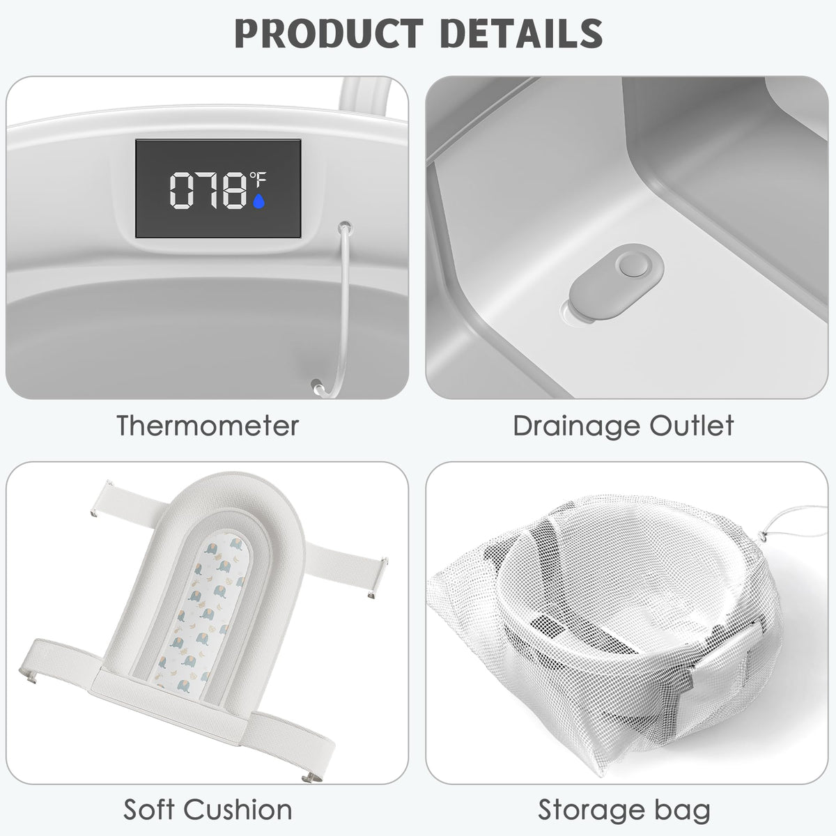 Himold Collapsible Baby Bathtub for Newborn to Toddler 0-36 Months, Spacious Foldable Infant Bath Tub with Thermometer, Cushion & Drain Hole, Portable Travel Tub Grey