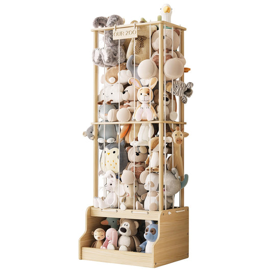 EXPERLAM Stuffed Animal Storage, Wood Stuffed Animal Zoo with Toy Chest, Vertical Stuffed Animal Holder with Thicker Elastic Band, Plushies Storage for Playroom, Living Room, Nurseryroom, Bedroom