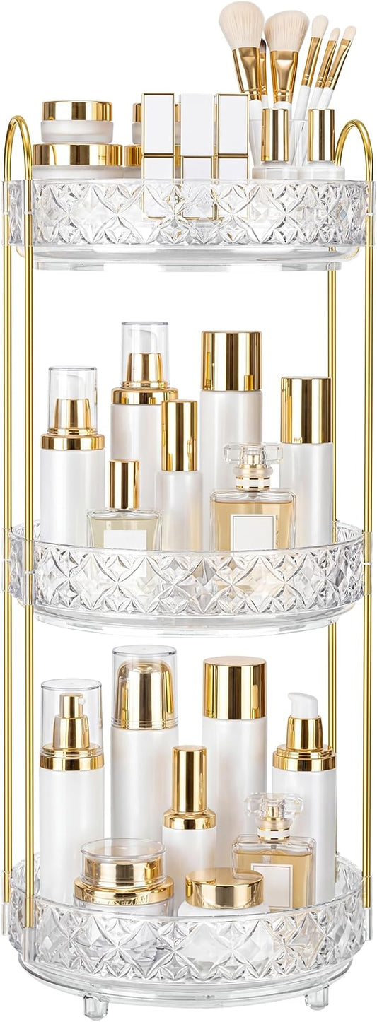 360 Rotating Makeup Organizer for Vanity, 3 Tier Adjustable Perfume Organizer for Dresser, Multi-Function Spinning Cosmetics Skincare Storage for Bedroom, Dresser, Countertop, Clear