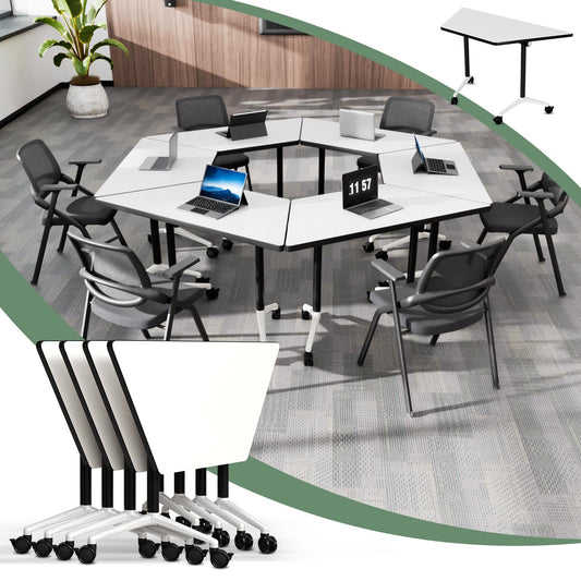 2 Pack Folding Conference Table,T-Shaped Conference Room Tables with Wheels, 47.2 in Modern Conference Table,Mobile Modular Seminar Meeting Desk for Classrooms,Office & Seminar (2, White)