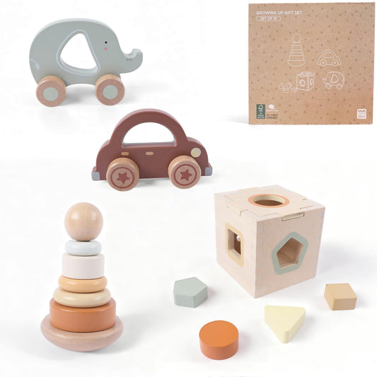 FReniland Wooden Baby Toy Set for 12M+, Montessori Grasping & Stacking Toys, Elephant & Car Sensory Toys, Natural Wood Fine Motor Skill Development Gift for Boys & Girls
