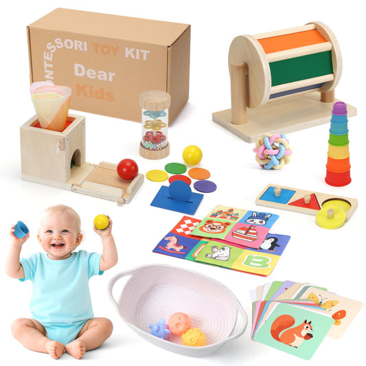 Child-Safe Montessori Educational Sensory Toy Set for Babies and Toddlers 6-12 Months - Must-Have for Early Development - 10 in 1 Wooden Learning Toy kit with Object Permanence Box, Stacking Cups etc