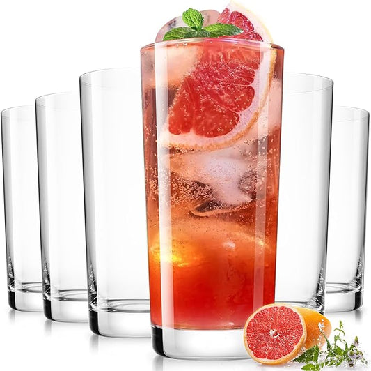 LUNA & MANTHA Drinking Water Glasses Set, Lead-Free Crystal Highball Glass, Tall Glass Cups for Cocktail Parties,Clear set of 6,16oz