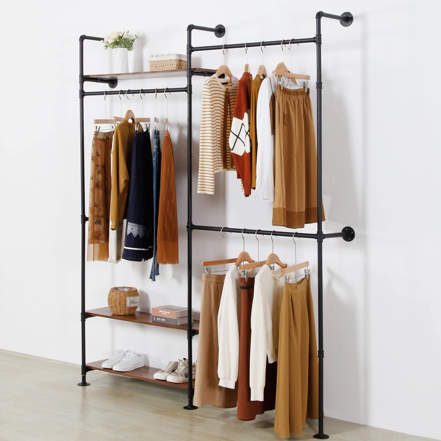EDCB Clothes Rack Wall Mounted Clothing Rack Heavy Duty Metal Garment Rack Hanging Clothes Rack, Closet Hanger Rack with Shoe Rack (Black, 92.1X76.8inch)