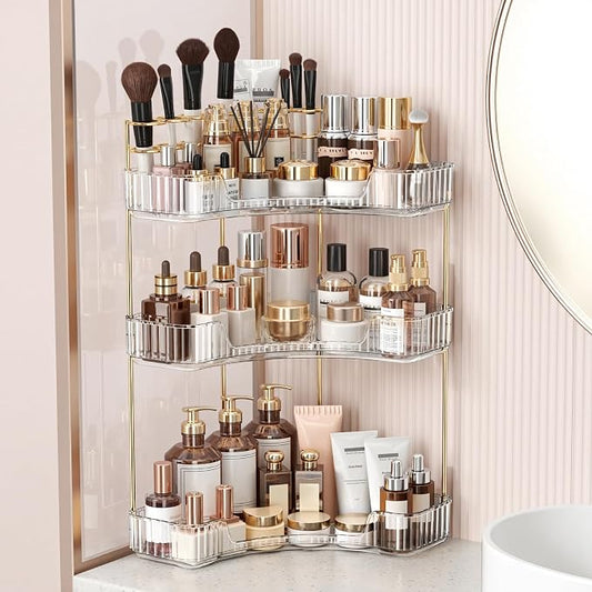 BEFSOP Corner Bathroom Counter Organizer, Upgraded 3-Tier Makeup Organizer Countertop with Makeup Brush Holder, Skincare Exquisite Vanity Organizers Countertop Bathroom Storage Dresser(CLEAR)
