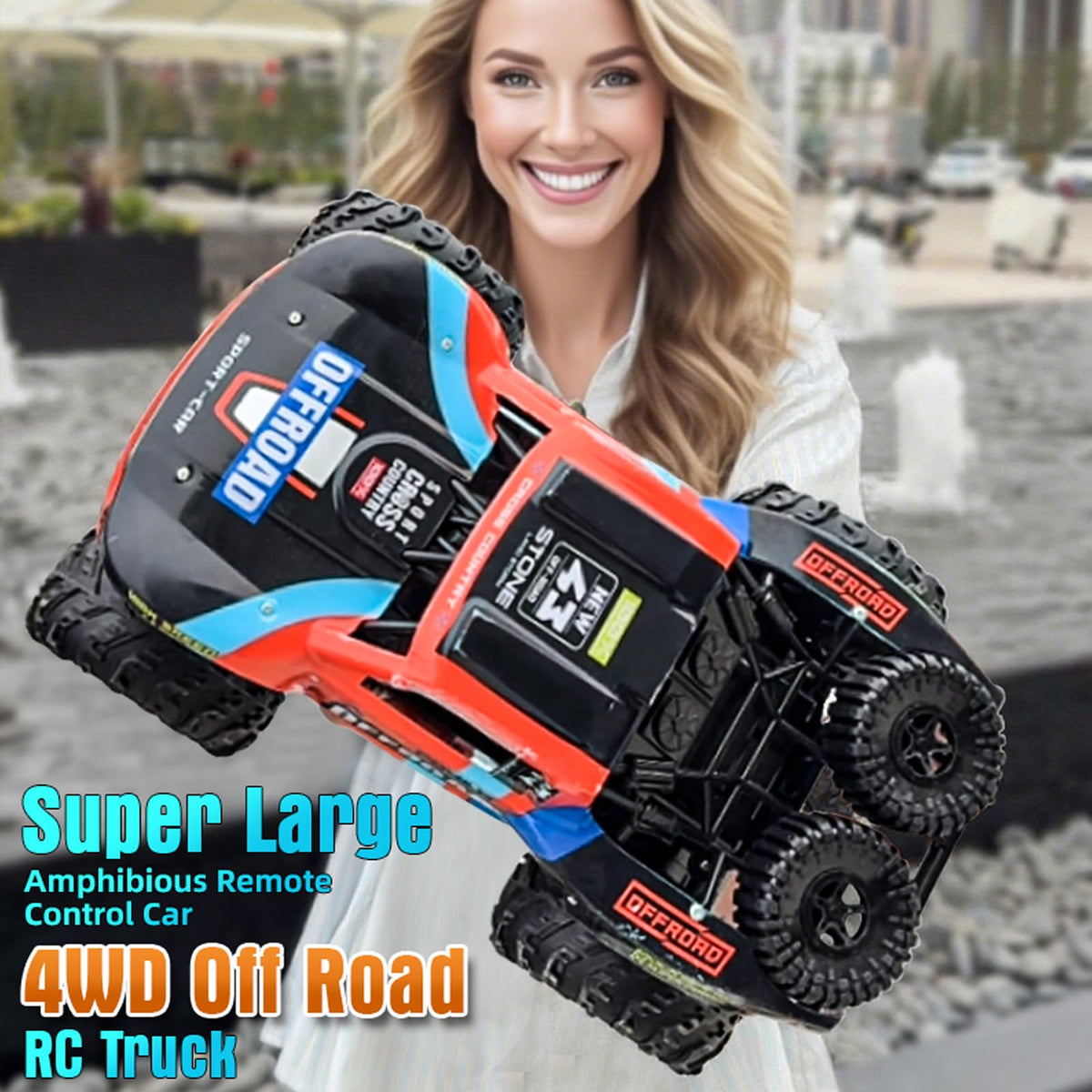 KB KAIBO Q205 1:12 Large Amphibious Remote Control Car - Waterproof RC Monster Truck with Waterproof Controller & 2 Modular Batteries for 60+ Min Play, 7.4V 4WD All Terrain Toy for Kids Adults-Blue