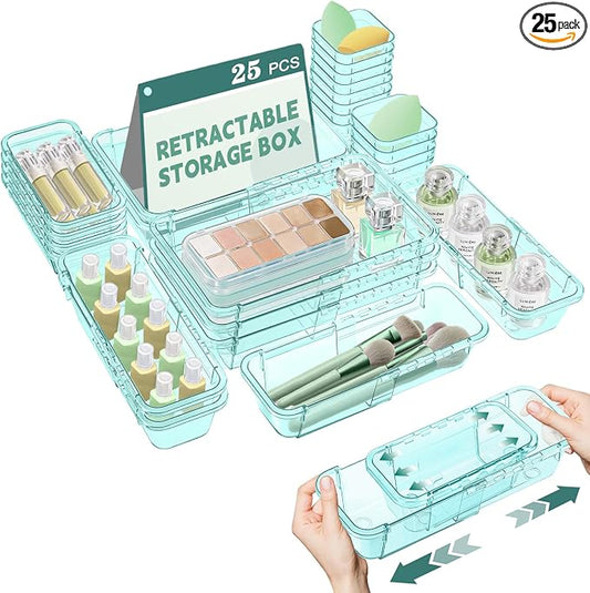 25 Pcs Clear Drawer Organizer, Adjustable Drawer Storage Box, 3-Size Desk Drawer Organizer, Acrylic Storage Bins for Makeup, Kitchen Utensils, Bedroom Dressers Tool Organizer for Gadgets, Blue