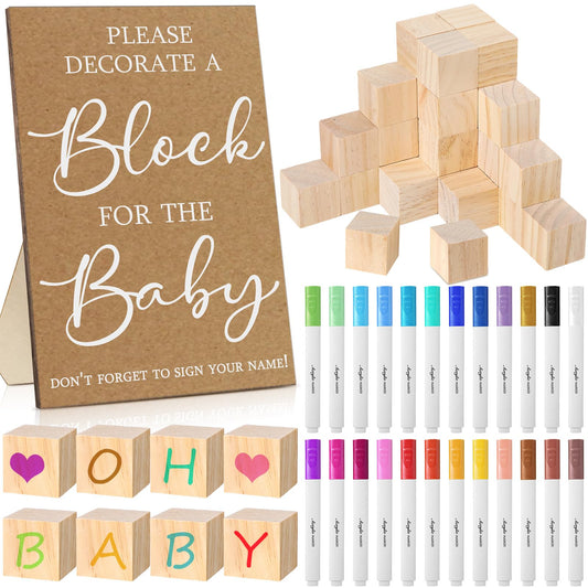 Tatuo 75 Pcs Baby Shower Block Games Here Comes The Son Baby Shower Decor 50 Blank Wooden Blocks 1 Decorate a Block Sign and 24 Paint Markers Party Decorations Activities for Guests(Kraft)