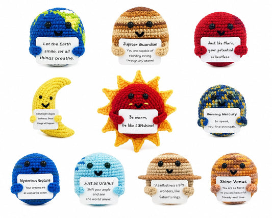 PoccroToys 10Pcs Handmade Crochet Space Solar System Planets Toys for Kids Educational Toys for 1 2 3 4 Year Old Boys Girls with Affirmation Cards Bulk Gifts for Teens Students Self Care Positive Doll