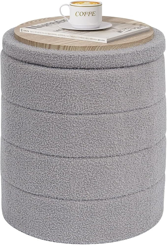 PINPLUS Round Storage Ottoman Foot Rest Stool with Tray Velvet Sherpa Folding Storage Ottoman,Boucle Foot Rest for Living Room, Bedroom, Dorm（Grey）