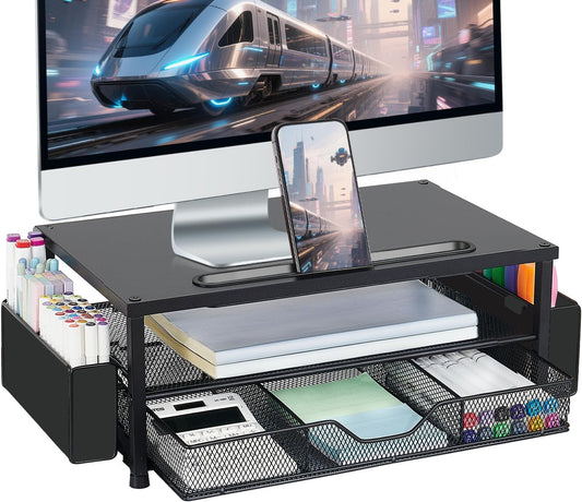 2-Tier AUPSEN Wood Computer Monitor Stand Riser, Black Desk Organizer with Drawer, Pen Storage & Phone Holder Office