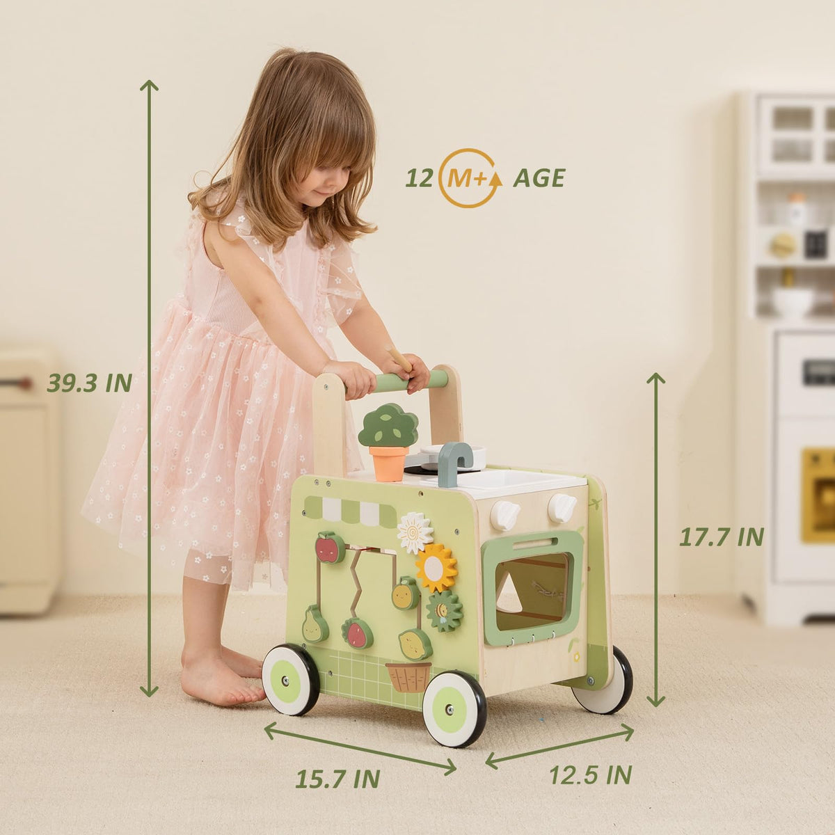 Baby Push Walker -Wooden Push Walker Montessori Toy- Toddler Learning Activity Walker for Girls Boys 1-3 Years - Pretend Kitchen Playset Ideal for Toddlers（Green ）