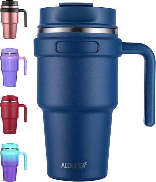 20 oz Insulated Coffee Mug Tumbler with Handle, Stainless Steel Travel Mug Tumbler with Lid and Straw,Double Wall Vacuum Leak Proof Ice Coffee Thermal Cup, Navy