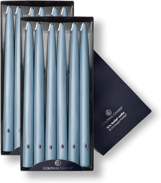Colonial Candle Unscented Taper Candle, Handipt Collection, Coastal Blue, 12 in, Pack of 12 - Up to 10 Hours Burn