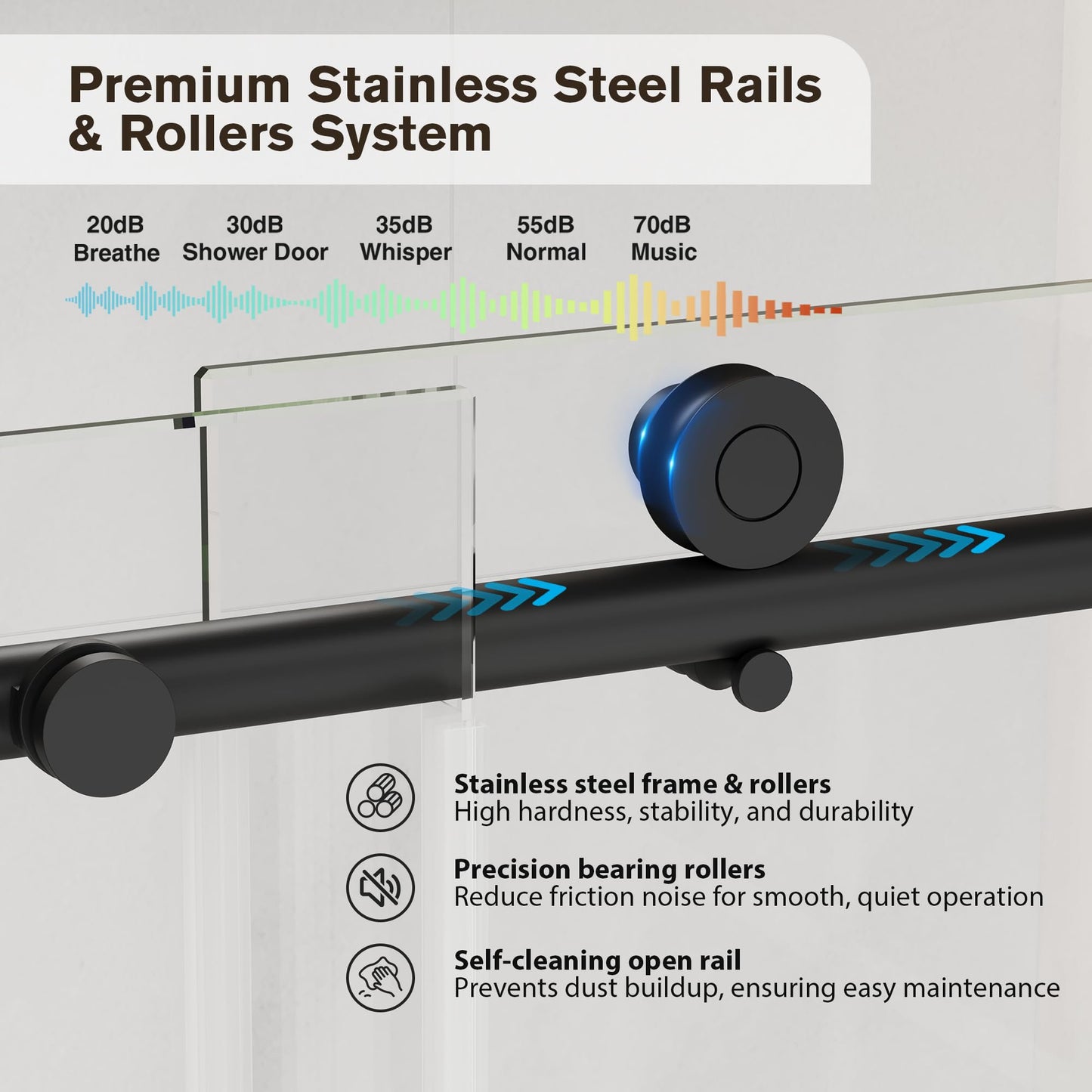 EASYWORC Frameless Glass Shower Door, 55-60" W x 76" H Sliding Frameless Shower Door, 1/4''(6mm) SGCC Tempered Glass, Explosion-Proof Film Nano Coating, Stainless Steel Hardware, Matte Black