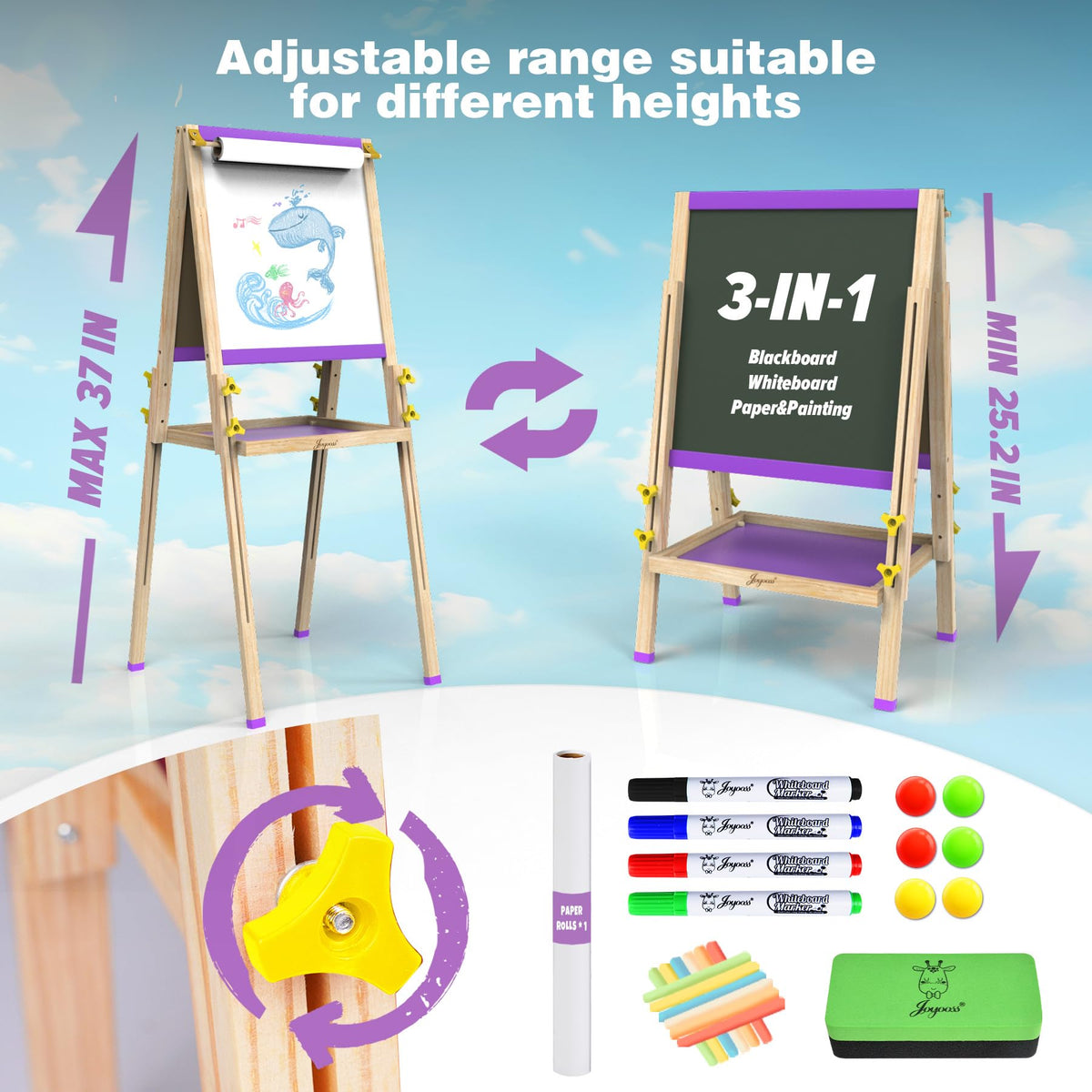 JOYOOSS Easel for Kids Art Easels for Toddlers,Adjustable Magnetic Whiteboard Chalkboard for Kid Dry Erase Board Easel for 2 Year Old and Toddler Art Easel for Kids Ages 4-8 8-12