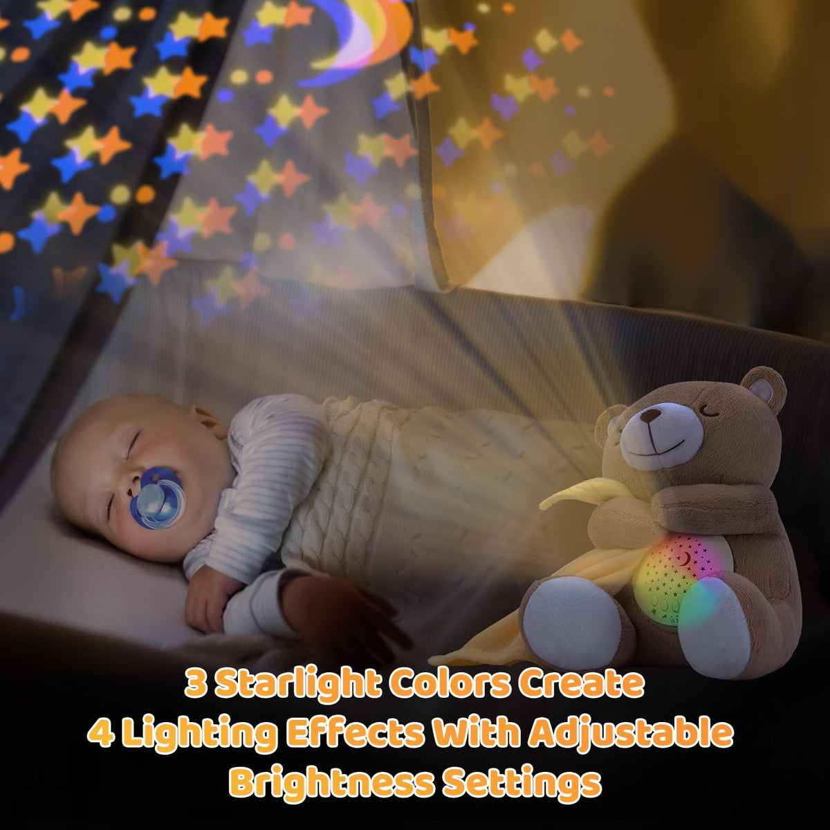 BEREST Rechargeable Baby Sleep Soother Bear, Nursery Decor Night Light Projector, Mom's Heartbeat Cry Sensor Lullabies White Noise Sound Machine, Toddler Crib Sleeping Aid Toys for Shower Gifts