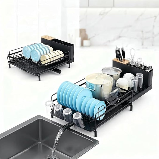 Large Extendable Dish Drying Rack with Bamboo Knife Holder, Rustproof Dish Drainer for Kitchen Counter, Adjustable 19"-27", Black