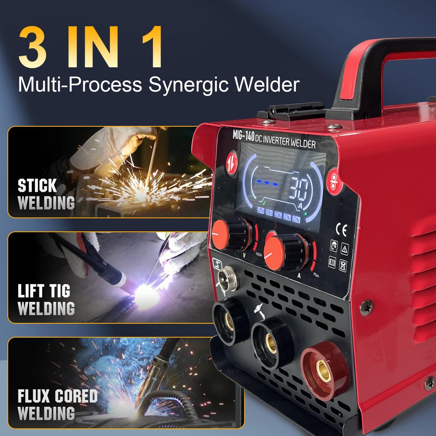 Landhero140A Inverter Welding Machine, Multi-Process Flux MIG/Lift TIG/MMA Welder with Synergic MIG Control, Supports AWS Electrodes -Ideal for Assembly, Repairs & Field Operations