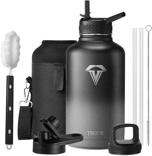 Insulated Water Bottle, 64 oz Stainless Steel Water Bottles with Straw, Leak Proof & BPA Free, Reusable Jug Thermo Flask for Outdoor Sports Gym Camping, Black/Grey