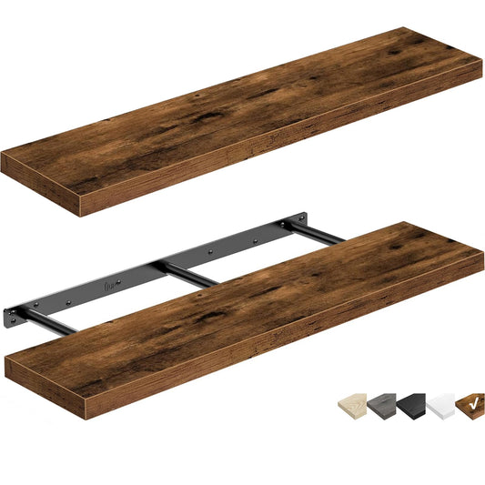 QEEIG Floating Shelves for Wall 31.5" Long - Wall Mounted Shelf Bathroom Kitchen Living Room Bedroom Farmhouse Home Decor Display Bookshelf Large 31.5 x 9.3 inch Set of 2, Rustic Brown (008-80BN)