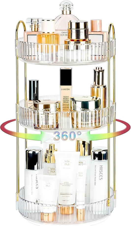 360 Rotating Makeup Organizer, 3 Tier Large Capacity Lazy Susan Bathroom Counter Organizer, Skincare Organizers, Spinning Perfume Organizer & Vanity Organizer Countertop (Golden Clear, 3 Tier)