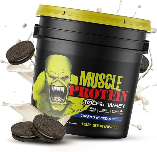 Muscle Whey Protein Flavored Protein Powder, 25,000mg Amino Acids/Serving, Cold Filtered(Packaging May Vary) (12 Pound (Bucket), Cookies & Cream)