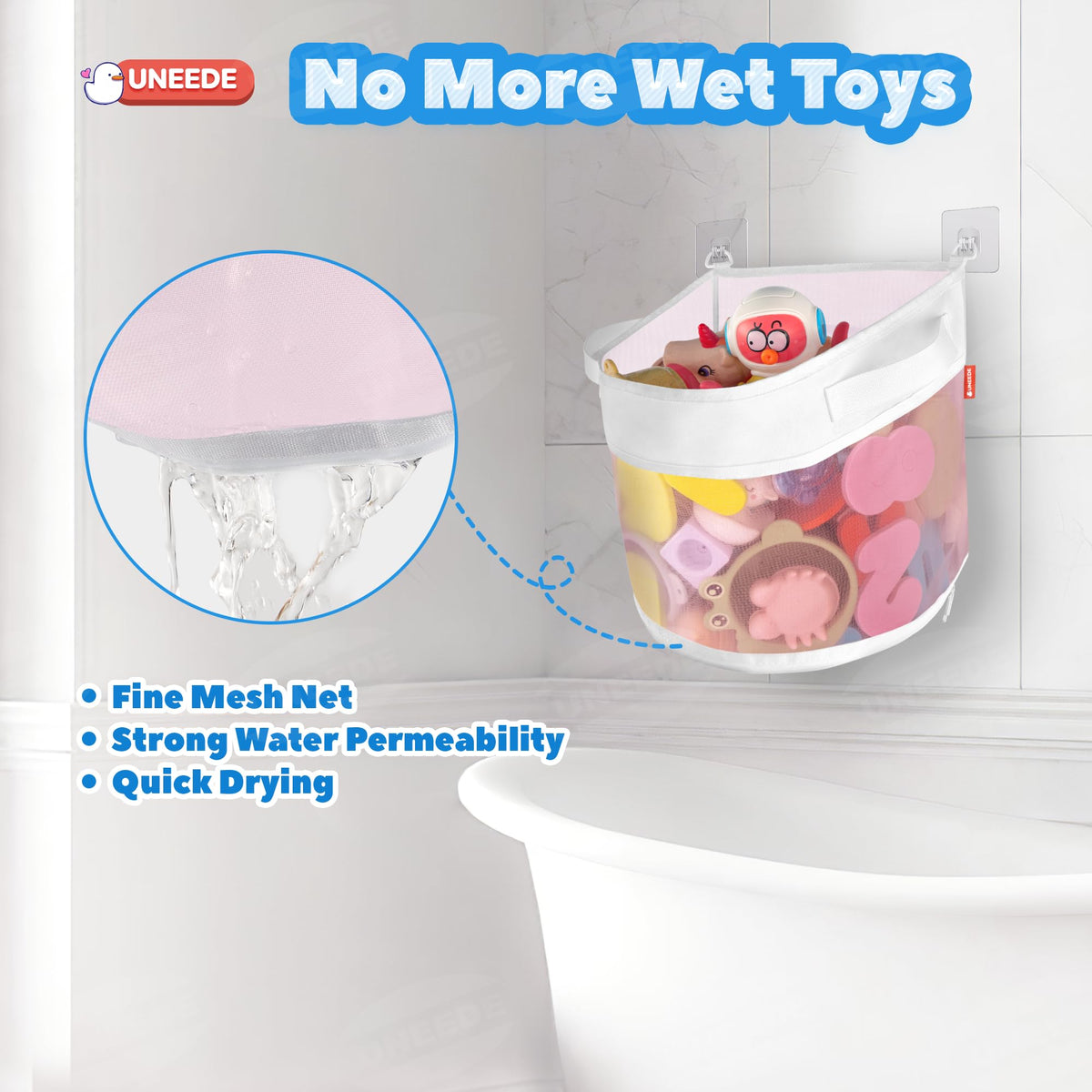 UNEEDE Bath Toy Organizer,4.15 Gallons Bathtub Toy Storage Organizer,Quick Access Bath Toy Holder For Bathtub,Baby Organizer And Storage,Quick Dry Baby Bath Toy Storage For Tub,Mesh Shower Caddy(Pink)