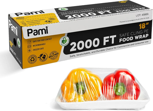 PAMI Plastic Food Wrap - 18 Inch Wide x 2000ft Clear BPA-Free Cling Wrap with Dispenser Box | Microwave & Freezer Safe