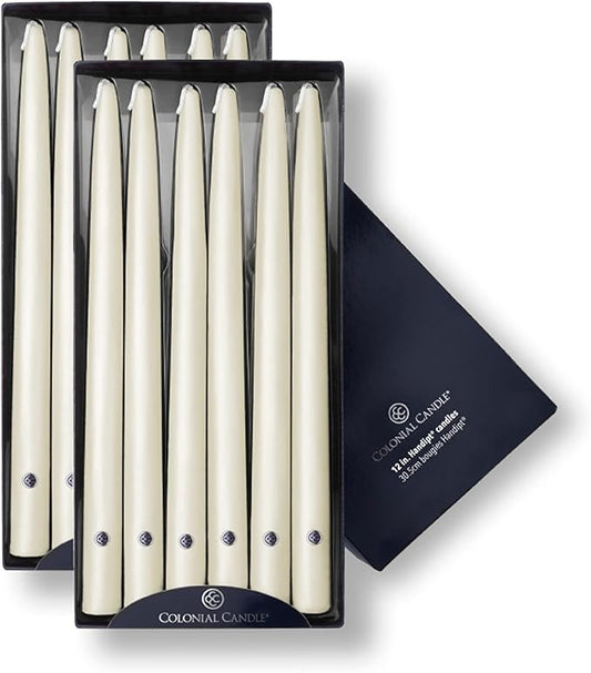 Colonial Candle Unscented Taper Candle, Handipt Collection, Ivory, 12 In, Pack of 12 - Up to 10 Hours Burn