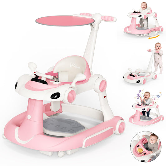 HAWEEK Baby Walker with Wheels, 7-in-1 Foldable Baby Walkers for Boys Girls 6-12 Months with Feeding Tray & Music, Lights,Rocker,Sun Canopy, Bouncing Pedal, Adjustable Wheel Speed, Push Walker (Pink)