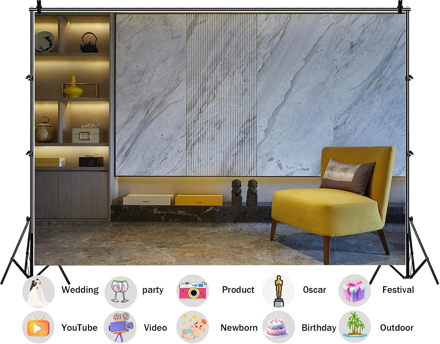 SHDASMIL 6X4ft Luxury Marble Wall Interior Backdrop Yellow Accent Chair Elegant Shelf Background Modern Asian Style